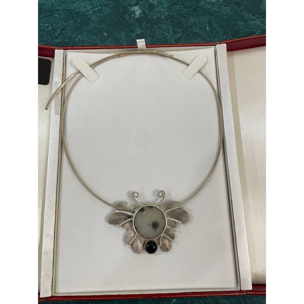 Artisan Sterling Silver Butterfly Necklace Druzy Quartz & Black Onyx – Statement